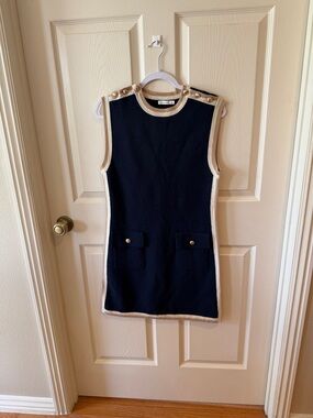 Unsubscribed Navy Sleeveless Shift Dress with Gold Button Accents Sz S. Box38